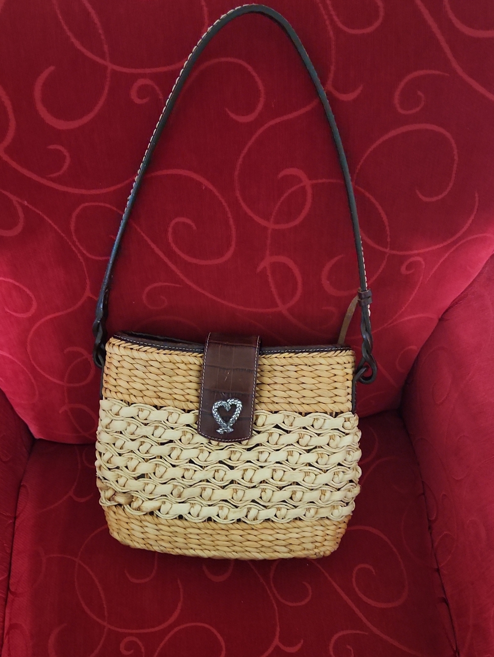 Woven Straw Crossbody Bag with Brown Trim